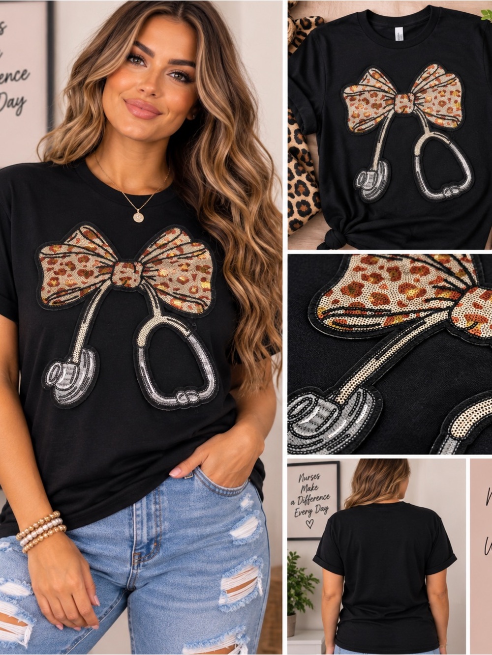 Gildan Black Tee with Leopard Sequin Bow & Silver Stethoscope